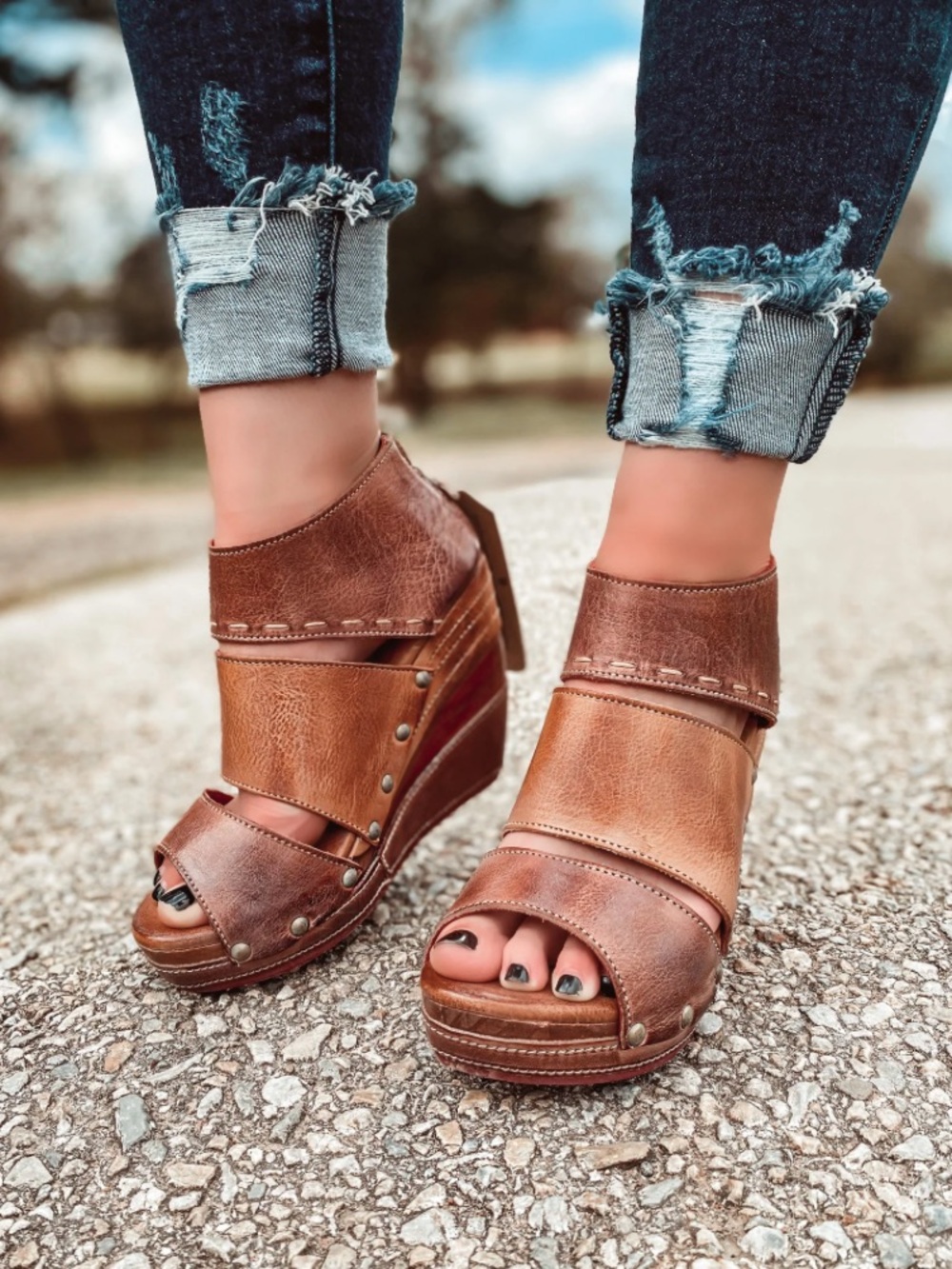 BED|STU Jessie Wedge Sandals Leather‎ Wood Platform Shoes Zip Studded Womens 8.5